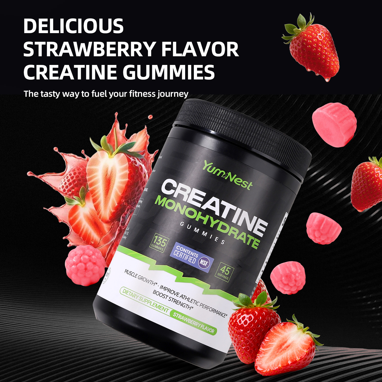 YumNest Creatine Monohydrate Gummies — 5g Creatine | Strawberry | 135 Count - Image 2