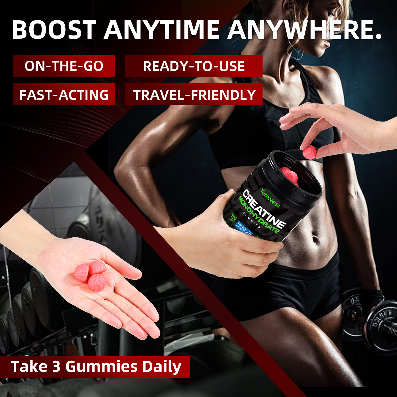 YumNest Creatine Monohydrate Gummies — 5g Creatine | Strawberry | 135 Count - Image 7