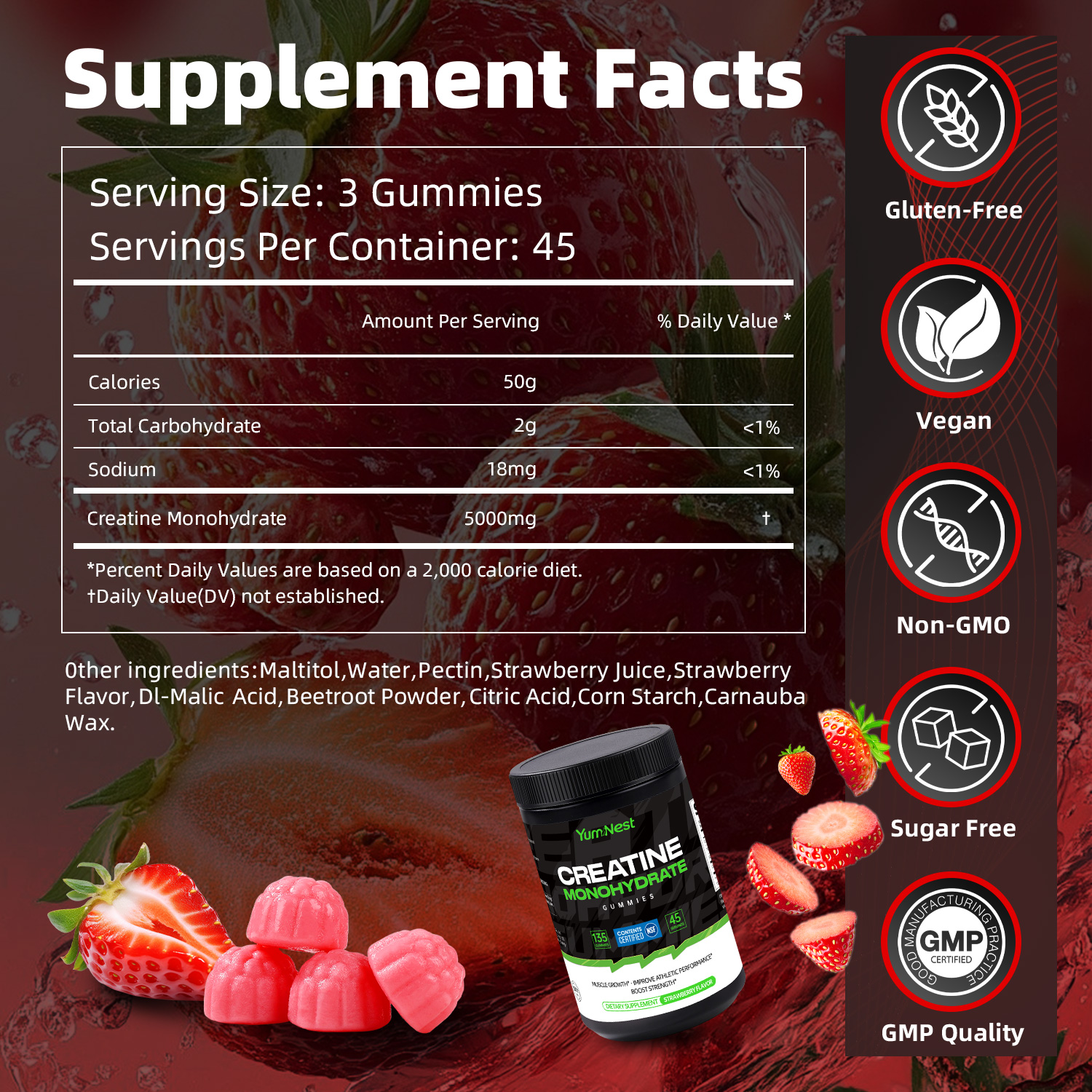 YumNest Creatine Monohydrate Gummies — 5g Creatine | Strawberry | 135 Count - Image 8